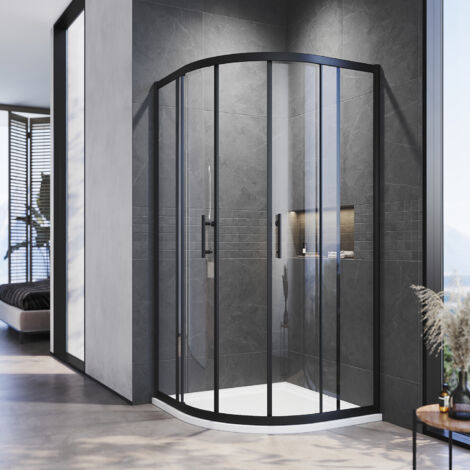 ELEGANT Quadrant Shower Enclosure Black Frame Sliding Cubicle Door 6mm Tempered Glass 900 x 900 mm with White Tray + Waste Tray (Chrome) (1/5)
