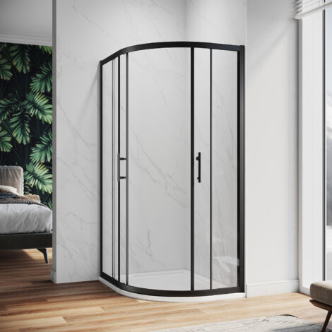 ELEGANT Quadrant Shower Enclosure Black Frame Sliding Cubicle Door (Right Offset) 6mm Tempered Glass 800 x 1200 mm with White Tray + Waste Tray (Black) (1/5)