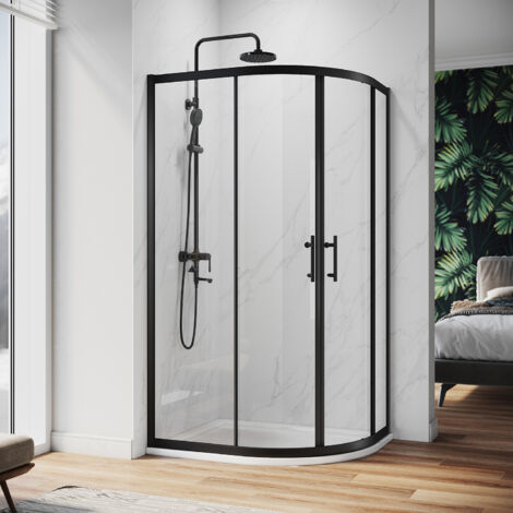 ELEGANT Quadrant Shower Enclosure Black Frame Sliding Cubicle Door (Left Offset) 6mm Tempered Glass 800 x 1000 mm with White Tray + Waste Tray (Chrome) (1/5)