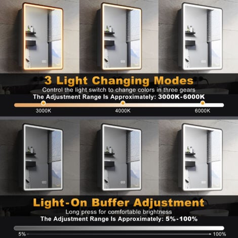 ELEGANT Bathroom LED Mirror Wall Bathroom Mirror Cabinet with Shaver Socket, Bright Adjustment and 3 Lights Changing Modes 500x700mm, Black