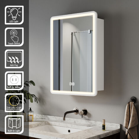 ELEGANT Bathroom LED Mirror Wall Bathroom Mirror Cabinet with Shaver Socket, Bright Adjustment and 3 Lights Changing Modes 500x700mm, White
