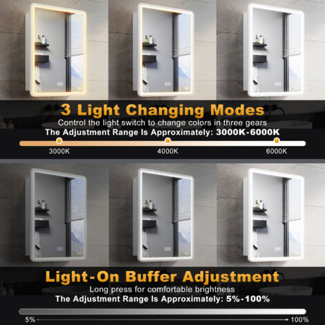 ELEGANT Bathroom LED Mirror Wall Bathroom Mirror Cabinet with Shaver Socket, Bright Adjustment and 3 Lights Changing Modes 500x700mm, White