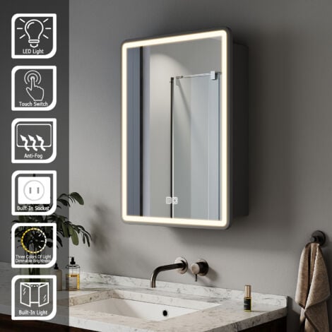 ELEGANT Bathroom LED Mirror Wall Bathroom Mirror Cabinet with Shaver Socket, Bright Adjustment and 3 Lights Changing Modes 450x600mm, Black