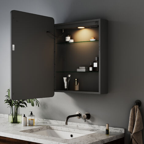 ELEGANT Bathroom LED Mirror Wall Bathroom Mirror Cabinet with Shaver Socket, Bright Adjustment and 3 Lights Changing Modes 450x600mm, Black