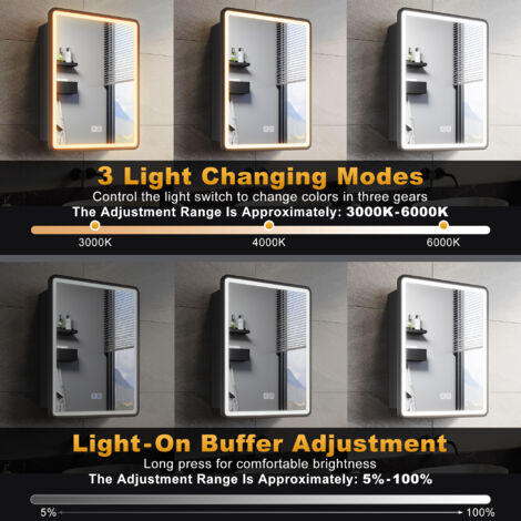 ELEGANT Bathroom LED Mirror Wall Bathroom Mirror Cabinet with Shaver Socket, Bright Adjustment and 3 Lights Changing Modes 450x600mm, Black