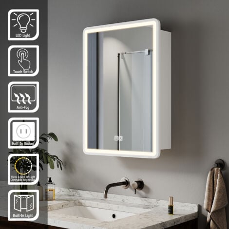 ELEGANT Bathroom LED Mirror Wall Bathroom Mirror Cabinet with Shaver Socket, Bright Adjustment and 3 Lights Changing Modes 450x600mm, White