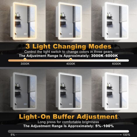 ELEGANT Bathroom LED Mirror Wall Bathroom Mirror Cabinet with Shaver Socket, Bright Adjustment and 3 Lights Changing Modes 450x600mm, White