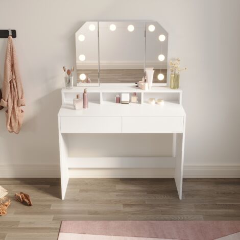 ELEGANT Dressing Table, Vanity Makeup Desk with Adjustable 3 Color LED Lights, Folding Mirror