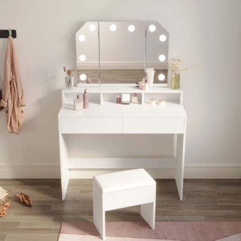 ELEGANT Dressing Table, Vanity Makeup Desk Set with Adjustable 3 Color LED Lights, Folding Mirror and Stool (1/5)