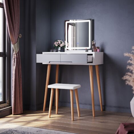ELEGANT Dressing Table with LED Lights, Vanity Makeup Table Set with Adjustable Brightness Mirror, Double Drawer with Stool ELEGANT Dressing Table with LED Lights, Vanity Makeup Table Set with Adjustable Brightness Mirror, Double Drawer with Stool