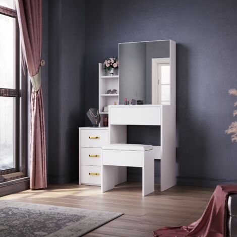 ELEGANT Dressing Table White Makeup Desk with Drawer and Open shelves, Sliding Mirror Design, 80x30x136cm