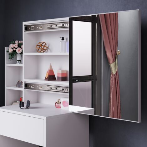 ELEGANT Dressing Table White Makeup Desk with Drawer and Open shelves, Sliding Mirror Design, 80x30x136cm