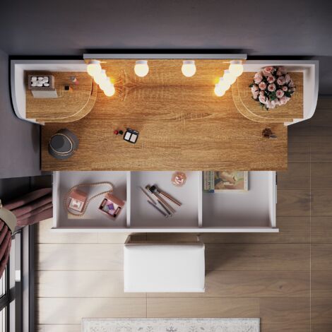 ELEGANT Dressing Table with LED Lights, Three lights mode Vanity Table, Makeup Desk with Drawer and Open shelves 108x40x140cm, White/Oak