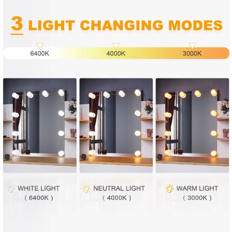 ELEGANT Dressing Table with LED Lights, Three lights mode Vanity Table, Makeup Desk with Drawer and Open shelves 108x40x140cm, White/Oak