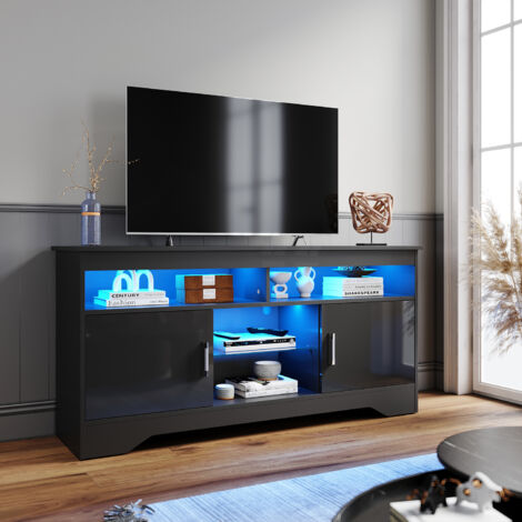 ELEGANT 1350mm TV Stand Modern High-gloss TV Cabinet with LED Light, Shelves and Cabinets, for Living Room Bedroom, Black