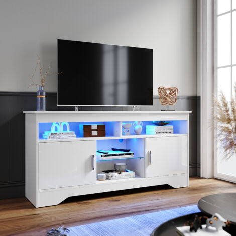 ELEGANT 1350mm TV Stand Modern High-gloss TV Cabinet with LED Light, Shelves and Cabinets, for Living Room Bedroom, White