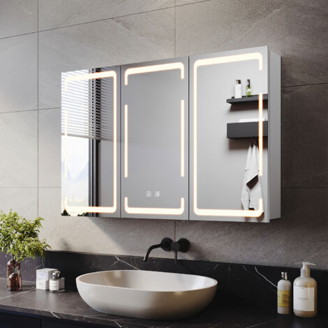 ELEGANT Bathroom Mirror Cabinet LED Illuminated with Shaver Socket, 3 Lights Changing Modes, Wireless Hinge Design, Three-Door 900x600mm