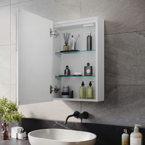 ELEGANT Bathroom Mirror Cabinet LED Illuminated with Shaver Socket, 3 Lights Changing Modes, Wireless Hinge Design, Single Door 380x600mm
