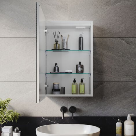 ELEGANT Bathroom Mirror Cabinet LED Illuminated with Shaver Socket, 3 Lights Changing Modes, Wireless Hinge Design, Single Door 380x600mm
