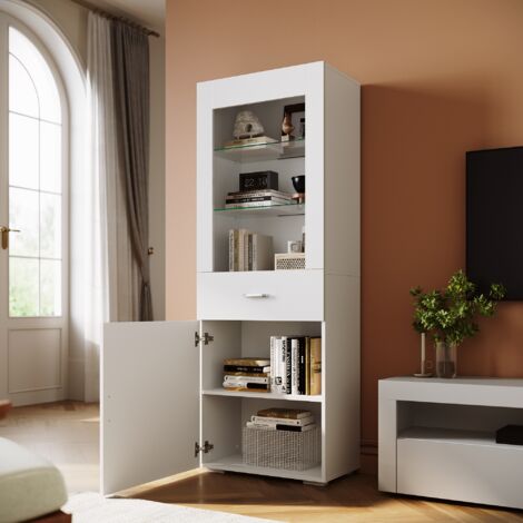 ELEGANT 165cm Display Cabinet Multicolour LED Lights Sideboard Living Room Cabinet with Slow Close Hinges Door & Drawer White High Gloss Fronts