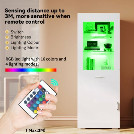 ELEGANT 165cm Display Cabinet Multicolour LED Lights Sideboard Living Room Cabinet with Slow Close Hinges Door & Drawer White High Gloss Fronts
