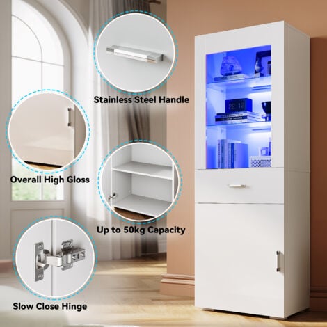 ELEGANT 165cm Display Cabinet Multicolour LED Lights Sideboard Living Room Cabinet with Slow Close Hinges Door & Drawer White High Gloss Fronts