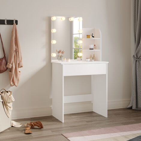 ELEGANT Dressing Table with Mirror and LED Light, Three-colour Mode, Makeup Desk with Drawers for Bedroom, 70x40x140cm White