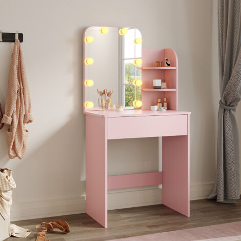ELEGANT Dressing Table with Mirror and LED Light, Three-colour Mode, Makeup Desk with Drawers for Bedroom, 70x40x140cm Pink