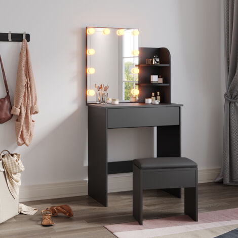 ELEGANT Dressing Table with Mirror and LED Light, Three-colour Mode, Makeup Desk with Drawers for Bedroom, Including Stool, 70x40x140cm Black