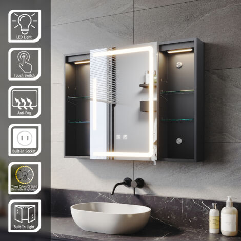 ELEGANT Bathroom LED Mirror Cabinet with Shaver Socket Demister 3 Lighting Modes 800x600mm Open Storage Design Bathroom Cabinet