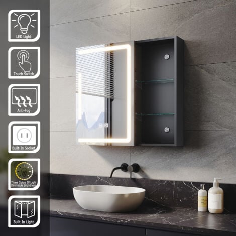 ELEGANT Bathroom LED Mirror Cabinet with Shaver Socket Demister 3 Lighting Modes 650x600mm Open Storage Design Bathroom Cabinet