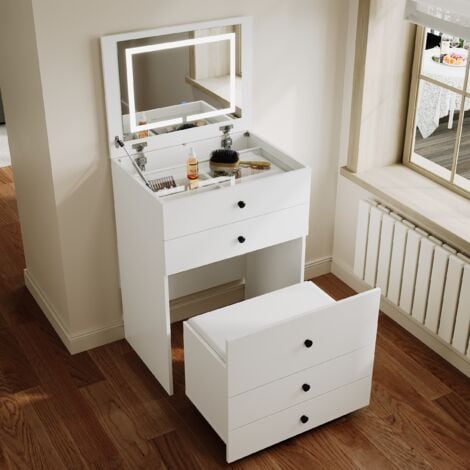 ELEGANT Dressing Table with LED Lights and Flip-up Mirror, Multi-purpose Dressing Table Set for Bedroom Furniture, Including White Cushioned Storage Stool