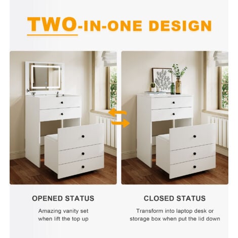 ELEGANT Dressing Table with LED Lights and Flip-up Mirror, Multi-purpose Dressing Table Set for Bedroom Furniture, Including White Cushioned Storage Stool