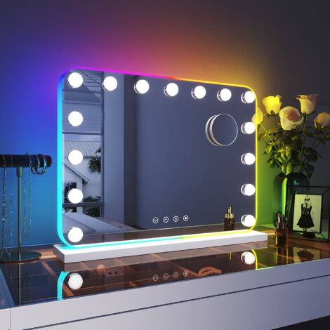 ELEGANT Hollywood Bluetooth Vanity Mirror 58x43cm with RGB Lights Hanging Makeup Mirror with 15 Dimmable Bulbs and 10X Magnifying Mirror Smart Touch 3 Color Lighting Modes