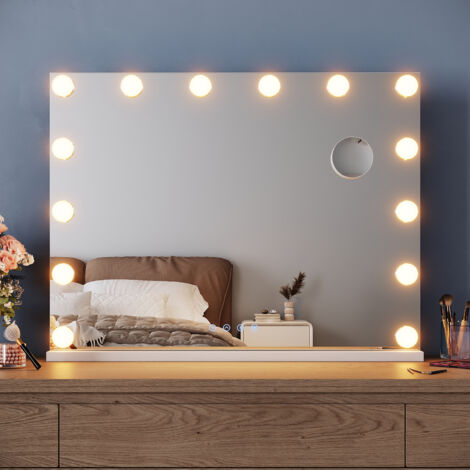 ELEGANT Hollywood Vanity Mirror 80x60cm with Bluetooth Speakers Hanging Makeup Mirror with 14 Dimmable Bulbs and 10X Magnifying Mirror 3 Color Lighting, USB Charging Port