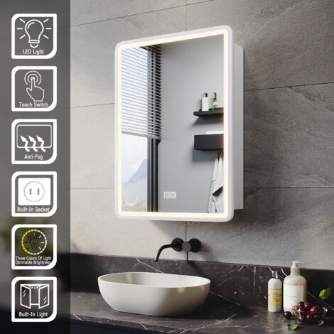 ELEGANT Bathroom Wall Cabinets Bathroom Led Mirrors with Shaver Socket Demister 3 Lighting Modes Bathroom Mirror Cabinet, 50x70cm White