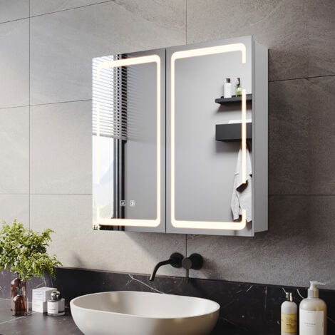 ELEGANT Bathrrom Wall Cabinet Illuminated LED Mirror with Shaver Socket, 3 Lights Changing Modes, Wireless Hinge Design, Double-Door 590x600mm