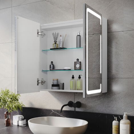 ELEGANT Bathrrom Wall Cabinet Illuminated LED Mirror with Shaver Socket, 3 Lights Changing Modes, Wireless Hinge Design, Double-Door 590x600mm