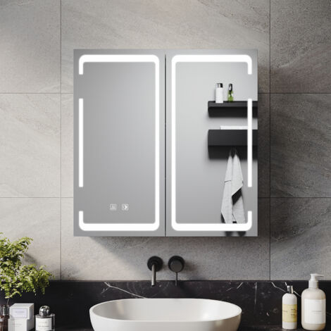 ELEGANT Bathrrom Wall Cabinet Illuminated LED Mirror with Shaver Socket, 3 Lights Changing Modes, Wireless Hinge Design, Double-Door 590x600mm