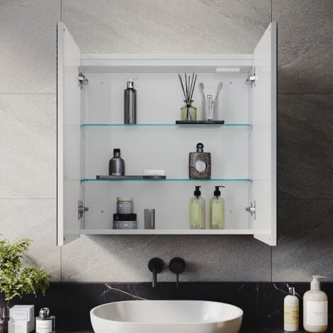 ELEGANT Bathrrom Wall Cabinet Illuminated LED Mirror with Shaver Socket, 3 Lights Changing Modes, Wireless Hinge Design, Double-Door 590x600mm