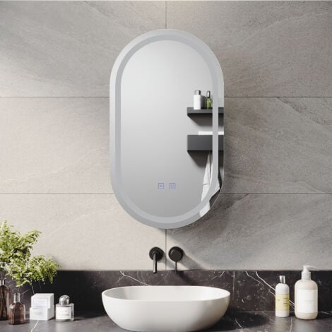 ELEGANT Oval Bathroom LED Mirror Cabinet with Shaver Socket Demister 3 Lighting Modes 400x700mm