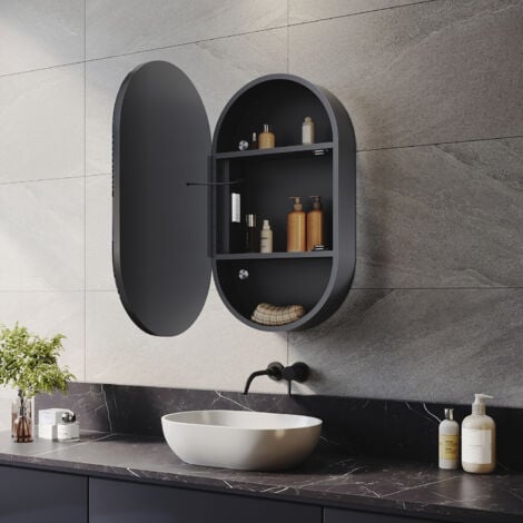 ELEGANT Oval Bathroom LED Mirror Cabinet with Shaver Socket Demister 3 Lighting Modes 400x700mm