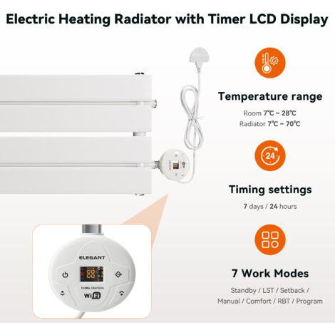 ELEGANT Designer Flat Panel Smart WiFi Thermostatic Electric Radiator Vertical Horizontal Wall Mounted Heater No Plumbing 400W White 300x800mm