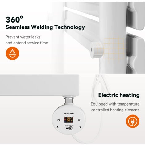 ELEGANT Electric Heated Towel Rail Smart WiFi Thermostatic Dryer Flat Panel Wall Mounted Warmer 600W White 1200x500mm
