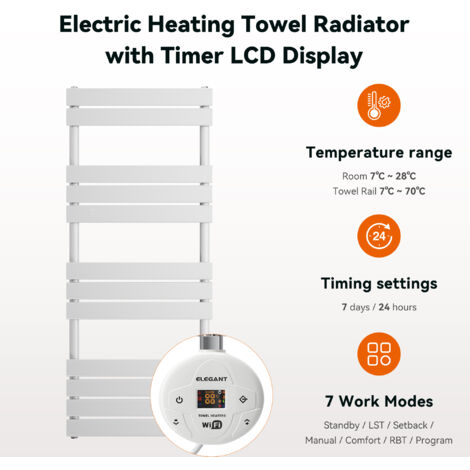 ELEGANT Electric Heated Towel Rail Smart WiFi Thermostatic Dryer Flat Panel Wall Mounted Warmer 600W White 1200x500mm