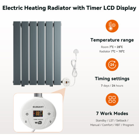 ELEGANT Smart WiFi Electric Steel Radiators Central Heating Radiator Vertical Horizontal Wall Mounted Heater No Plumbing 400W Anthracite 630x452mm