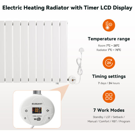ELEGANT Designer Flat Panel Smart WiFi Thermostatic Electric Radiator Vertical Horizontal Wall Mounted Heater No Plumbing 800W White 630x832mm