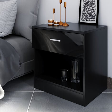 ELEGANT Black Modern Bedside Cabinet High Gloss Nightstand Table Soft Close Bedside Table with Drawer for Bedroom.Livingroom