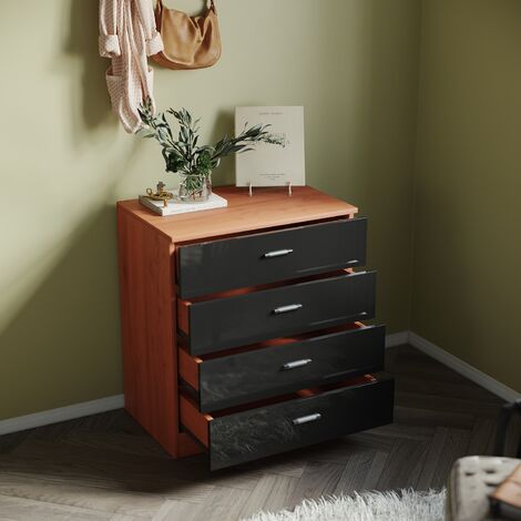 ELEGANT Modern High Gloss 4 spacious Drawer Chest with Metal Handles for Bedroom or Home Storage Organizer, Black/Walnut