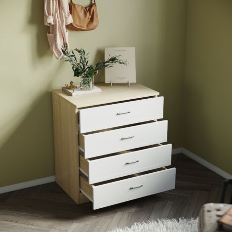ELEGANT Modern High Gloss 4 spacious Drawer Chest with Metal Handles for Bedroom or Home Storage Organizer, White/Oak